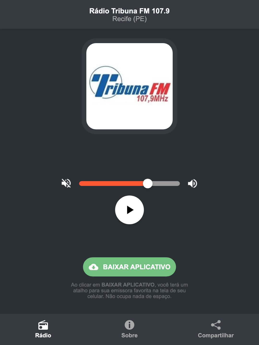 Screenshot do aplicativo da Rádio Tribuna FM 107.9