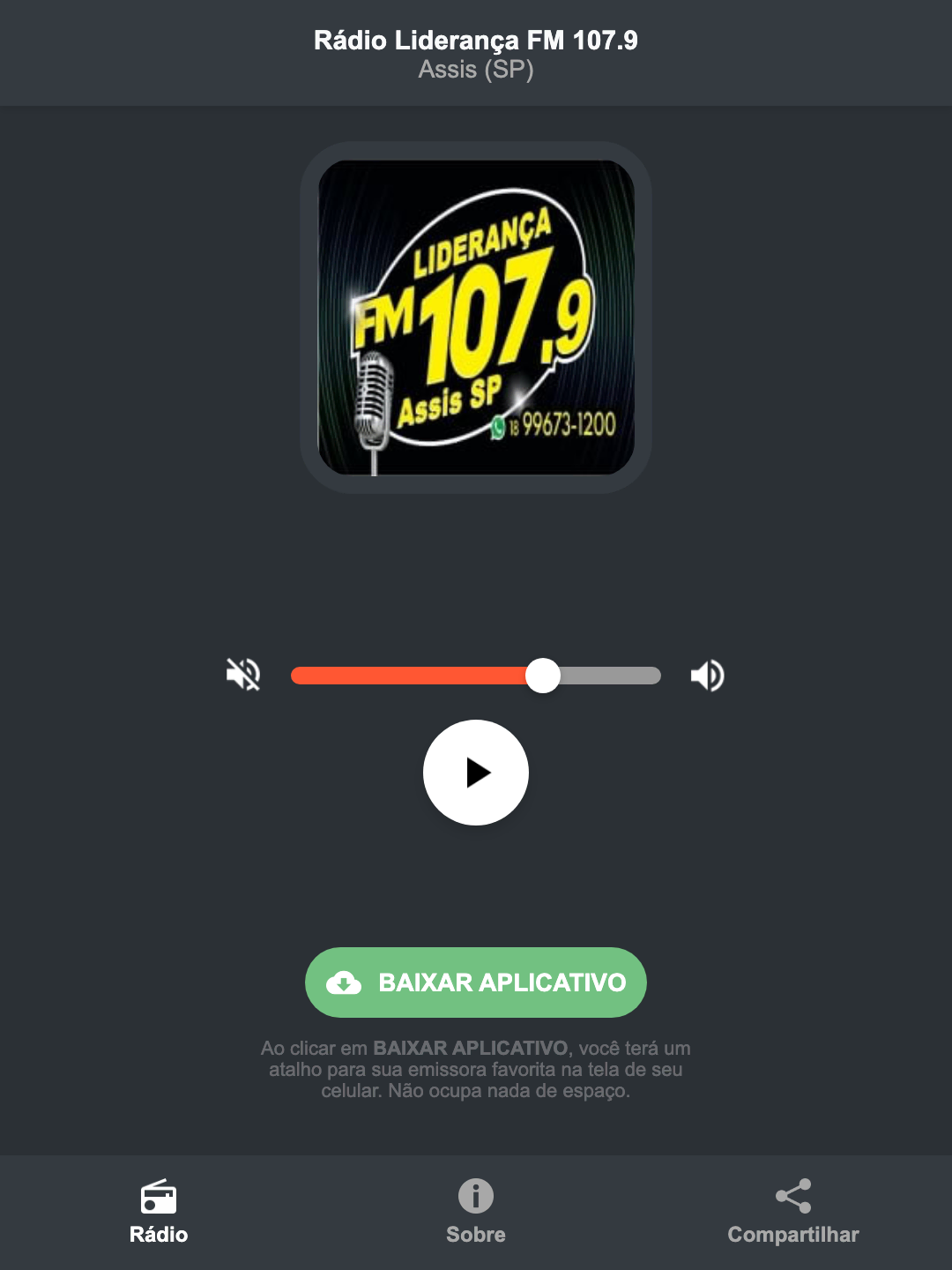 Screenshot do aplicativo da Rádio Liderança FM 107.9