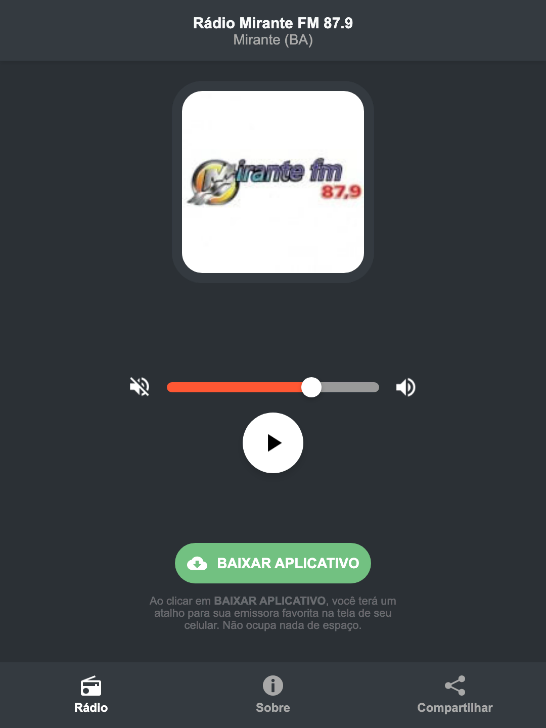 Screenshot do aplicativo da Rádio Mirante FM 87.9