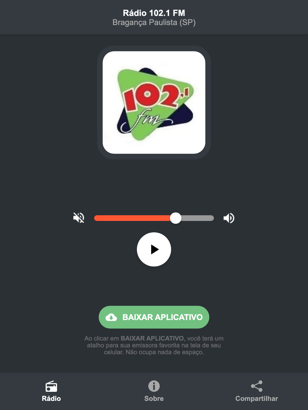Screenshot do aplicativo da Rádio 102.1 FM
