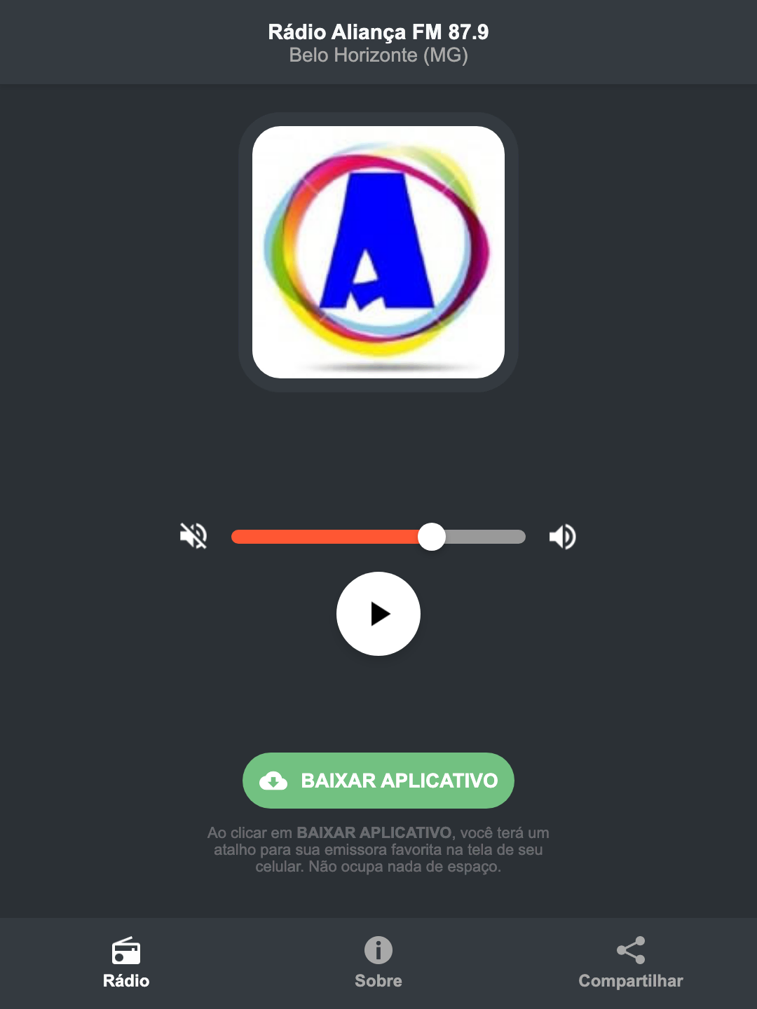 Screenshot do aplicativo da Rádio Aliança FM 87.9