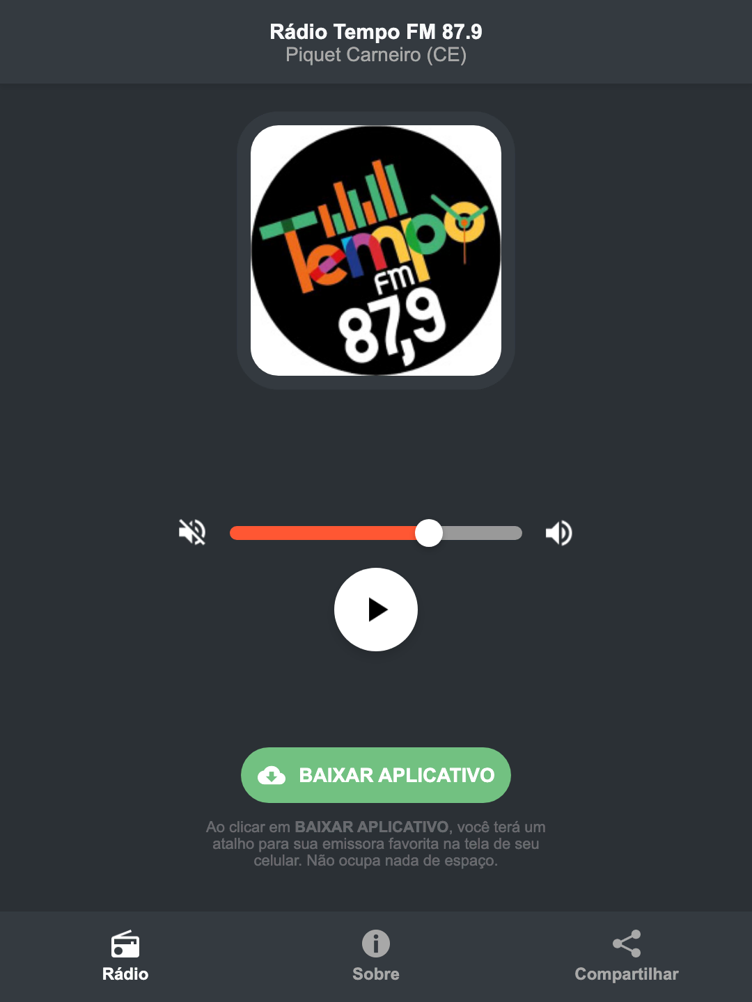 Screenshot do aplicativo da Rádio Tempo FM 87.9