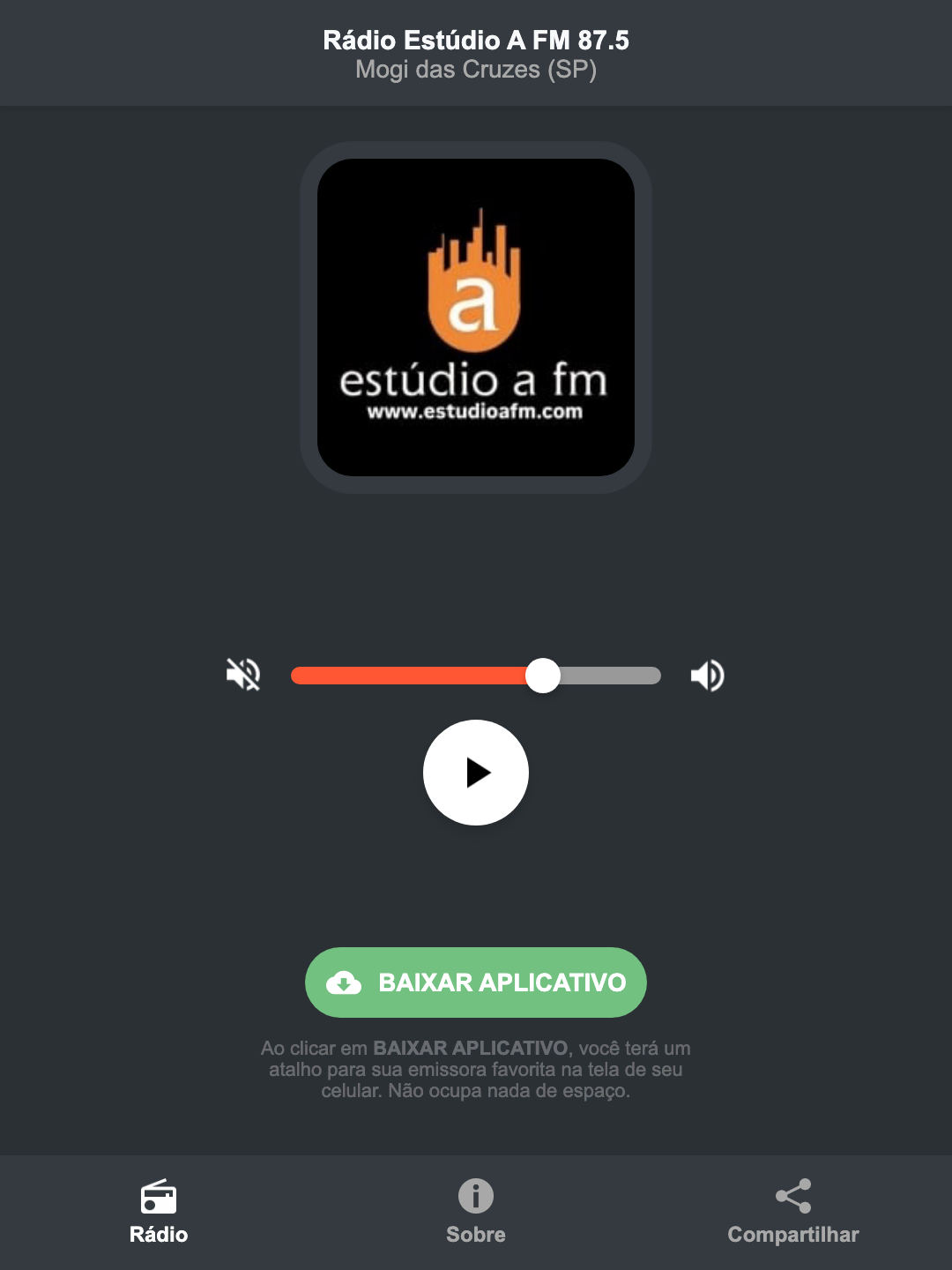 Screenshot do aplicativo da Rádio Estúdio A FM 87.5