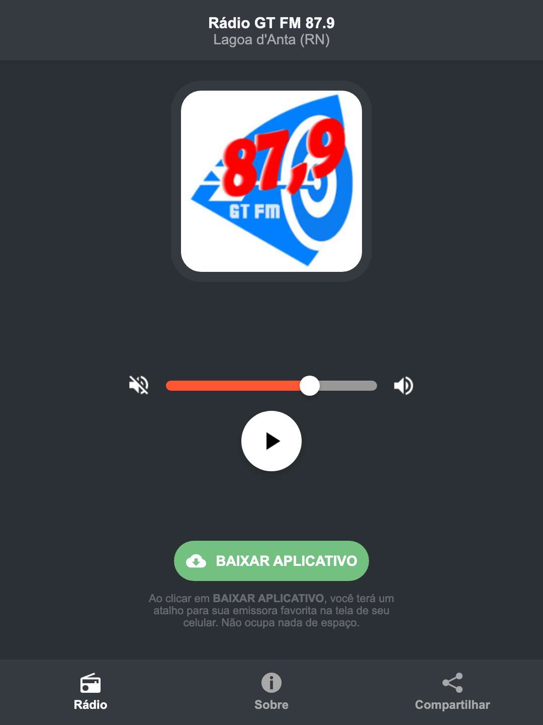 Screenshot do aplicativo da Rádio GT FM 87.9