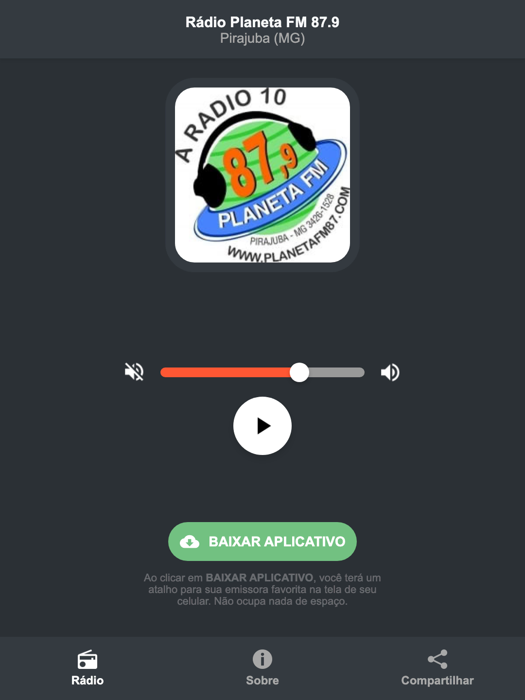 Screenshot do aplicativo da Rádio Planeta FM 87.9