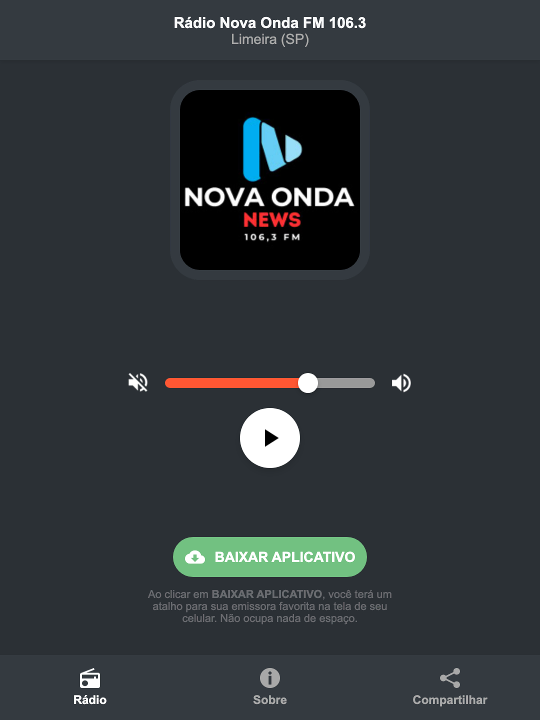 Screenshot do aplicativo da Rádio Nova Onda FM 106.3