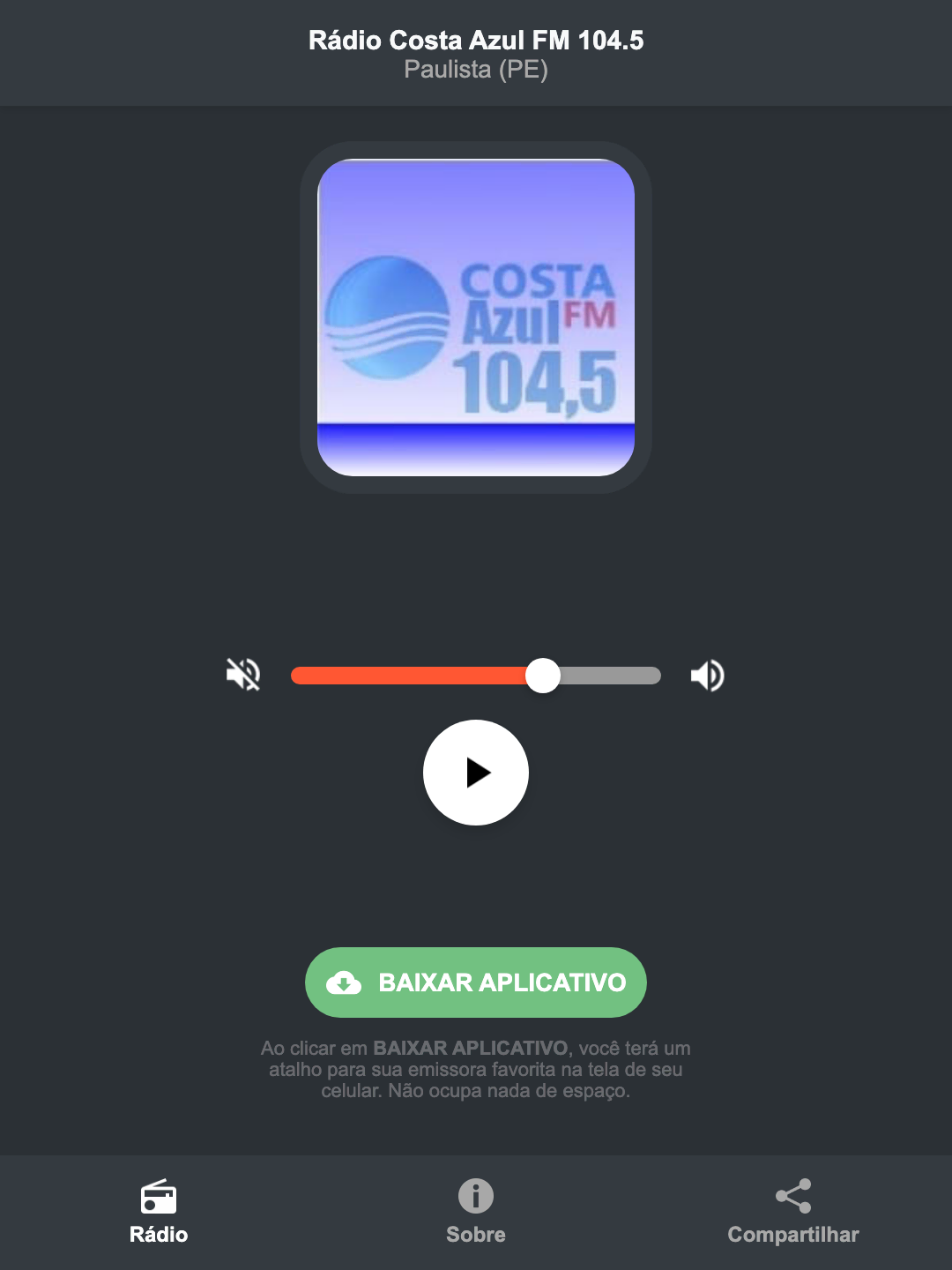 Screenshot do aplicativo da Rádio Costa Azul FM 104.5