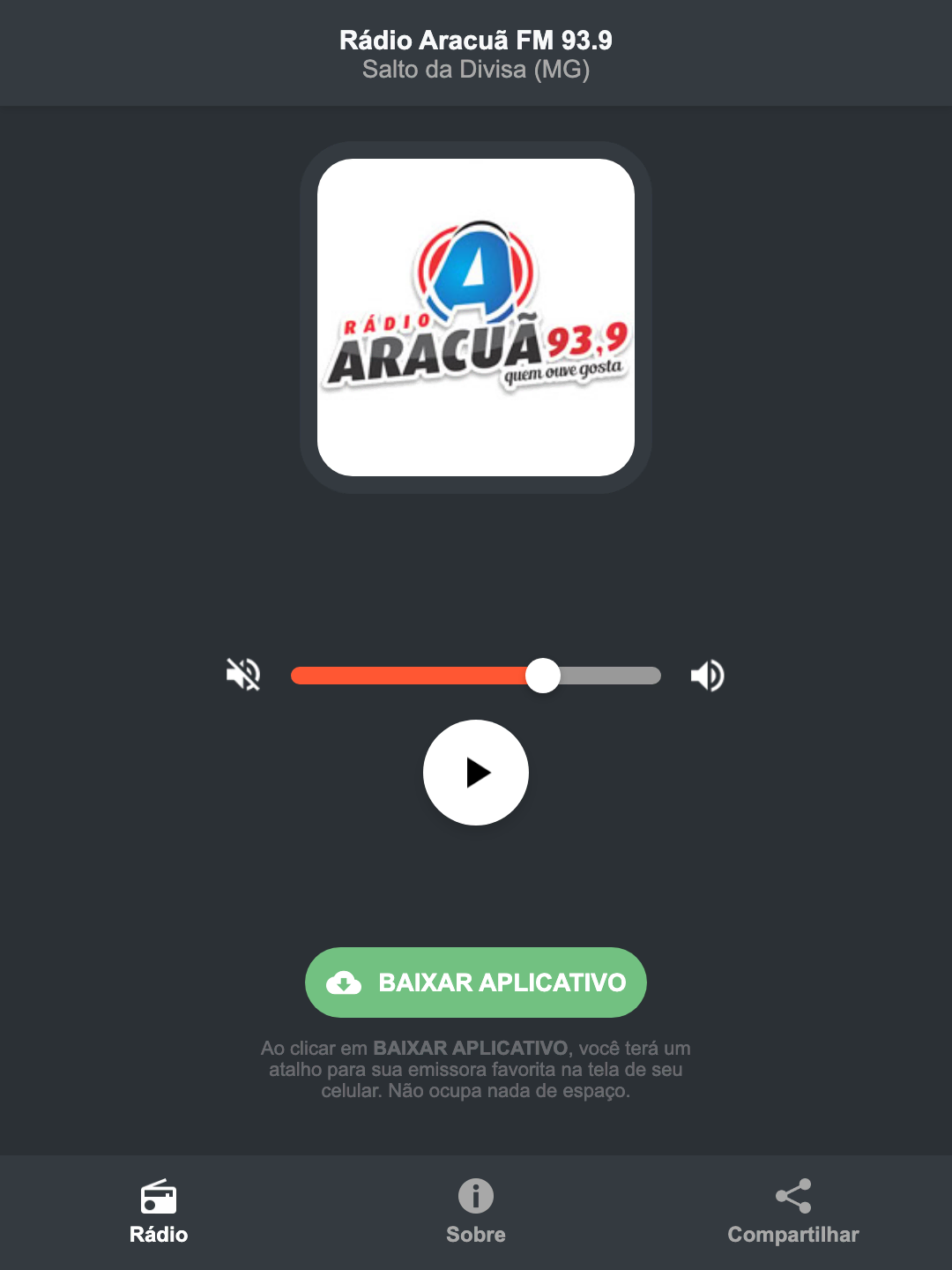 Screenshot do aplicativo da Rádio Aracuã FM 93.9