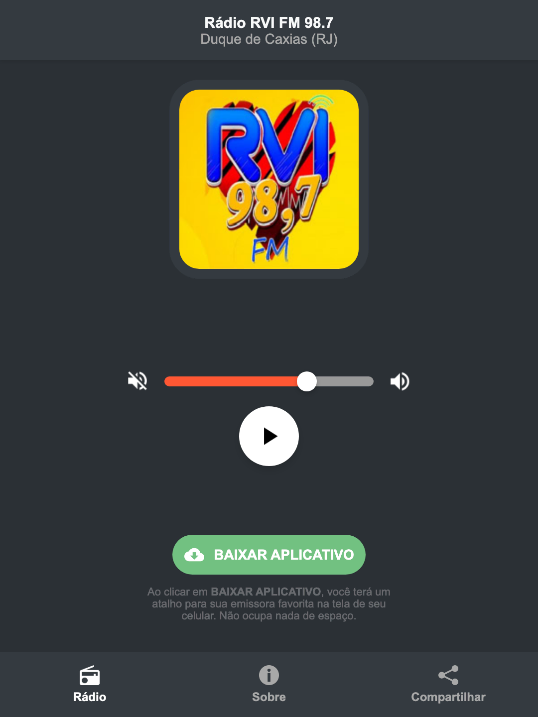 Screenshot do aplicativo da Rádio RVI FM 98.7