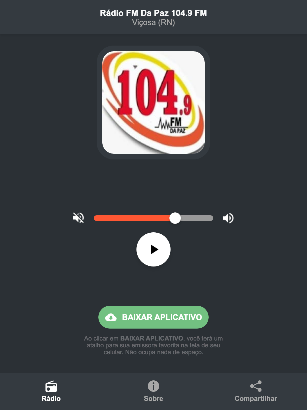 Screenshot do aplicativo da Rádio FM Da Paz 104.9 FM
