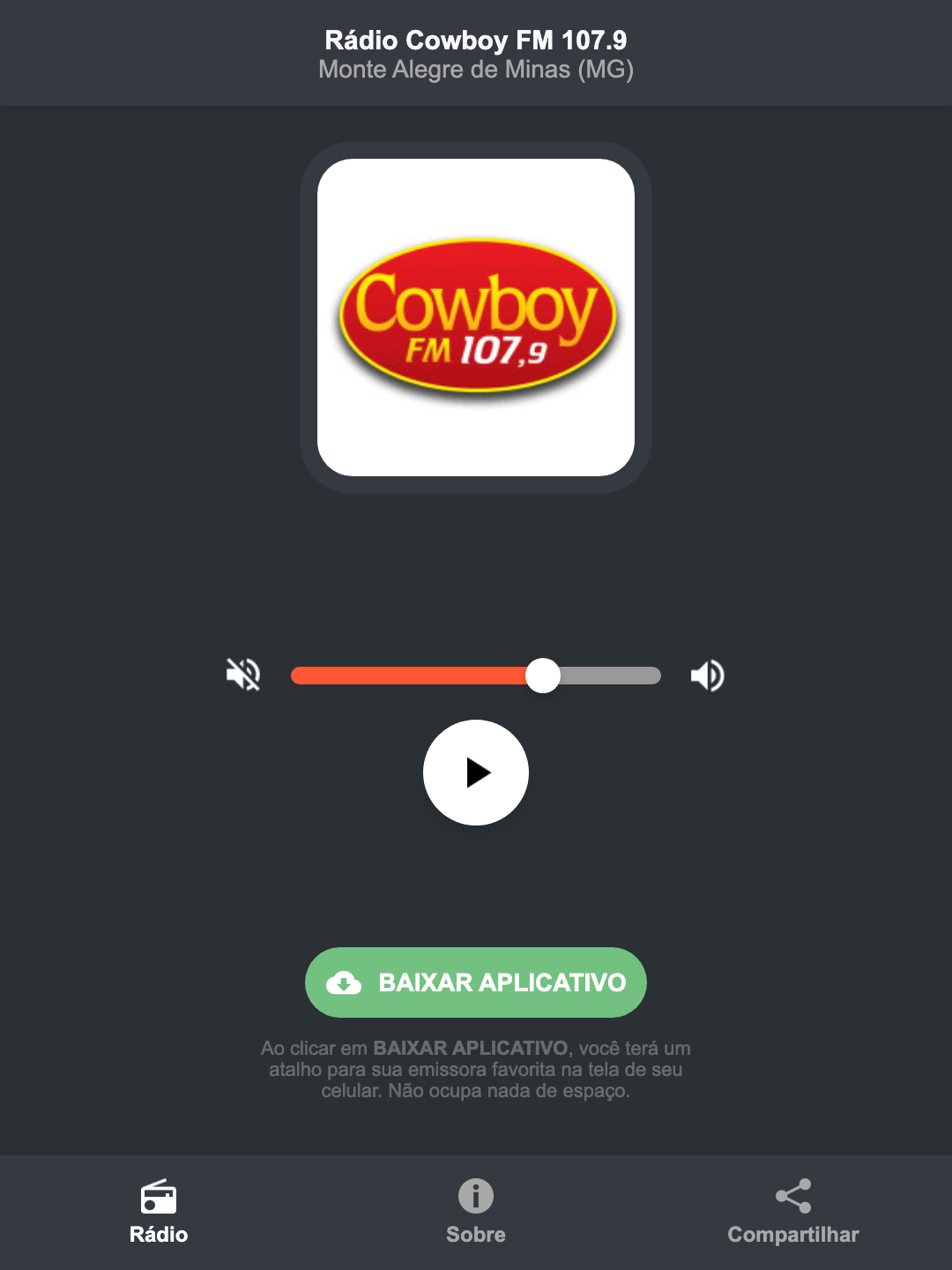 Screenshot do aplicativo da Rádio Cowboy FM 107.9