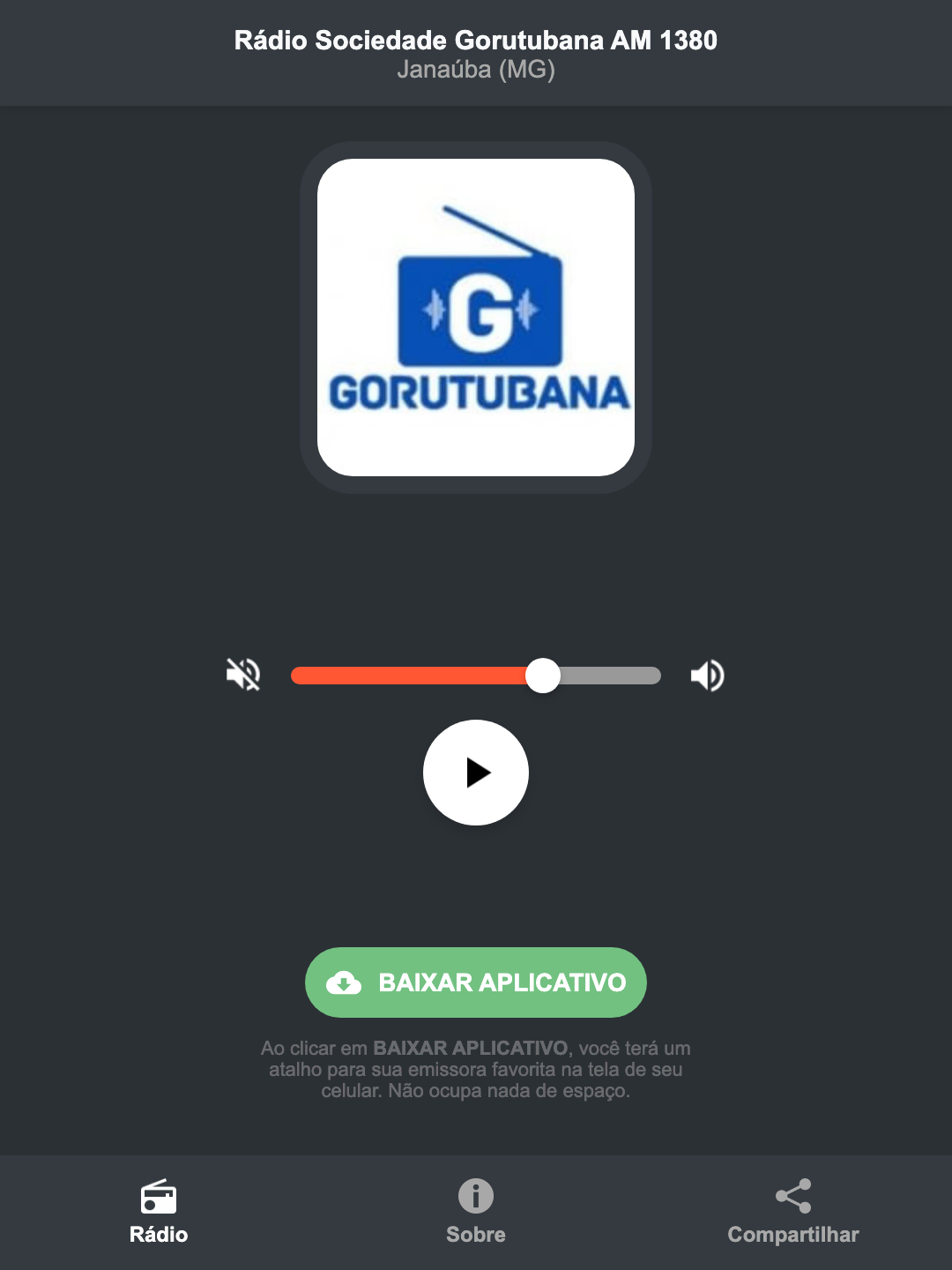 Screenshot do aplicativo da Rádio Sociedade Gorutubana AM 1380