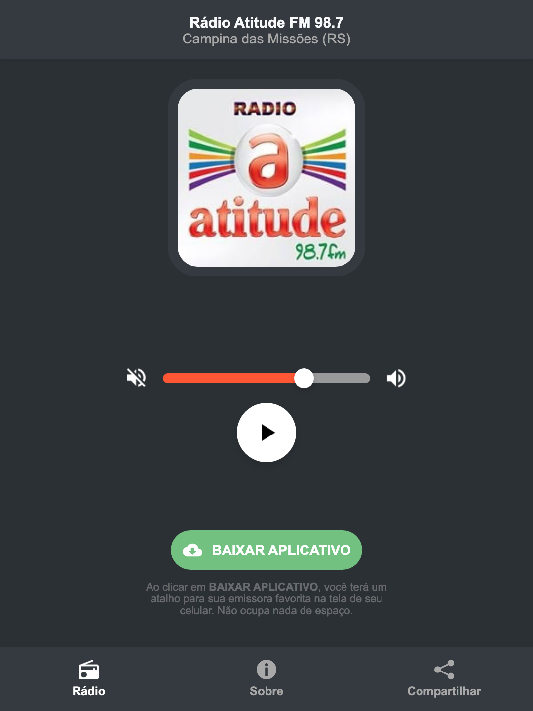 Screenshot do aplicativo da Rádio Atitude FM 98.7