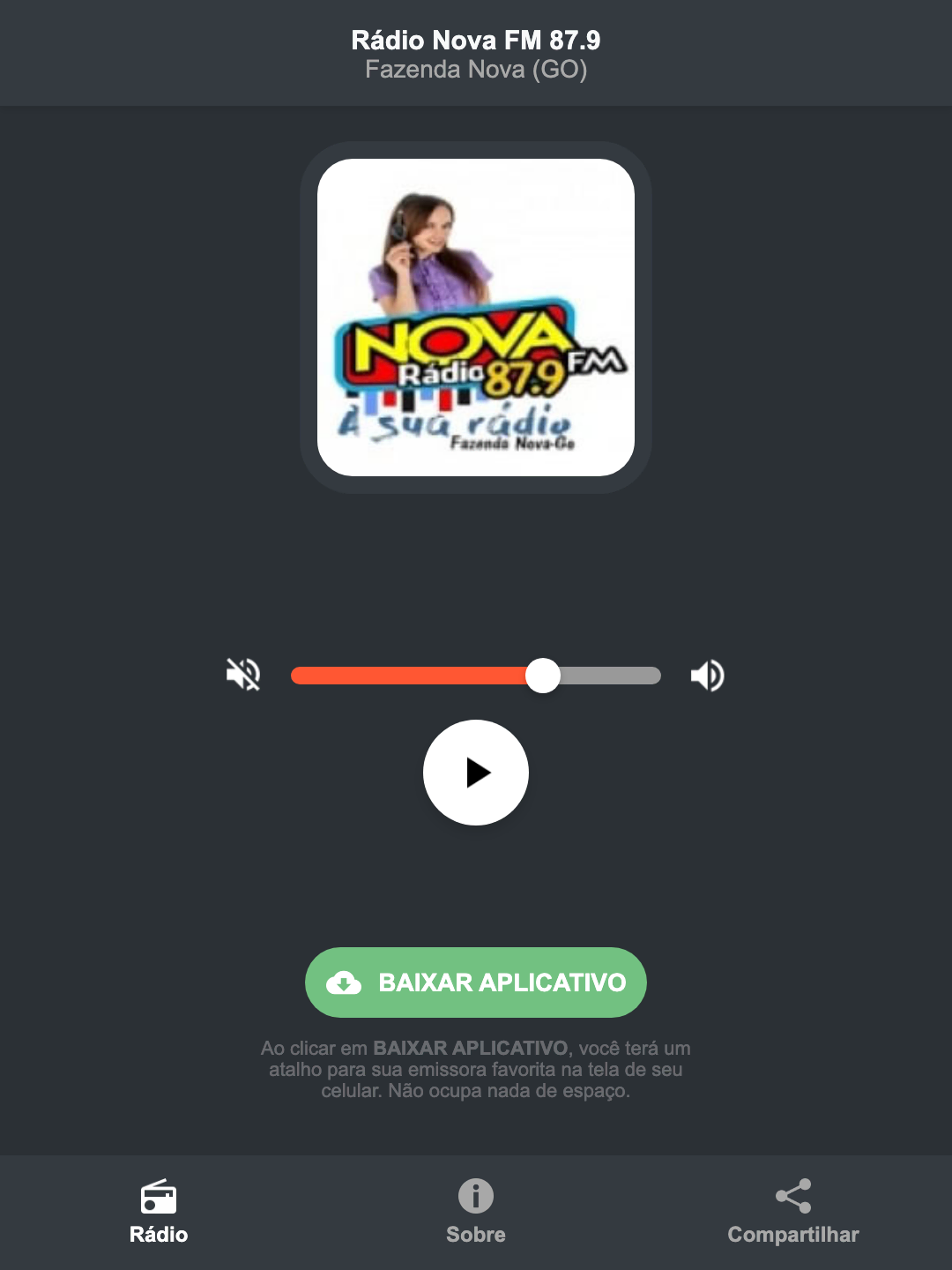 Screenshot do aplicativo da Rádio Nova FM 87.9