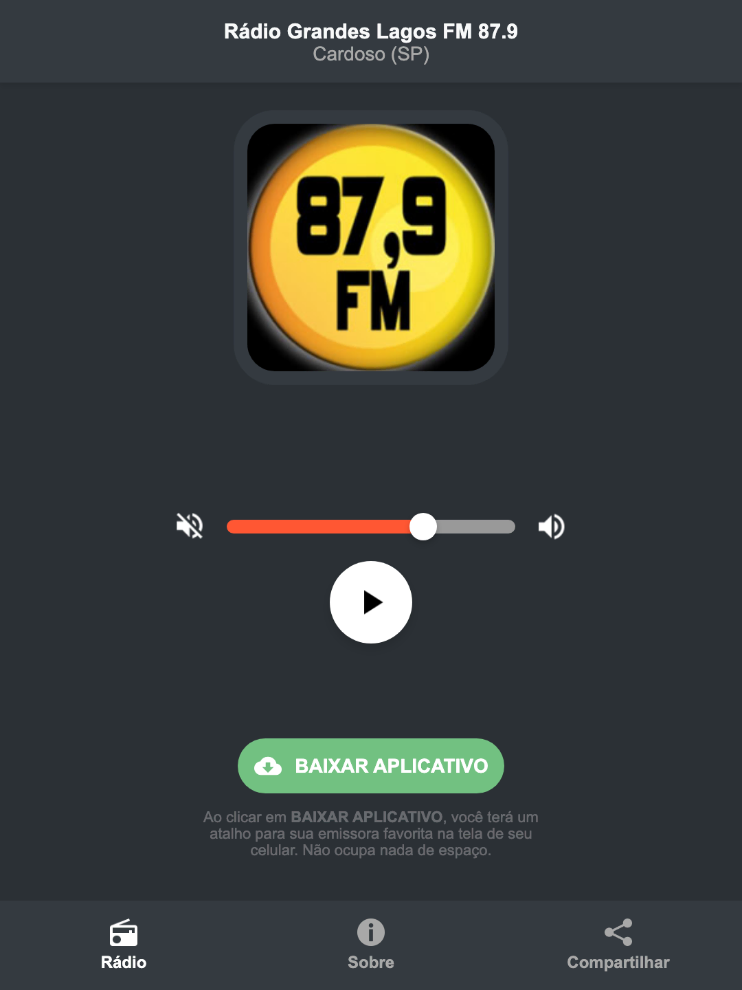 Screenshot do aplicativo da Rádio Grandes Lagos FM 87.9