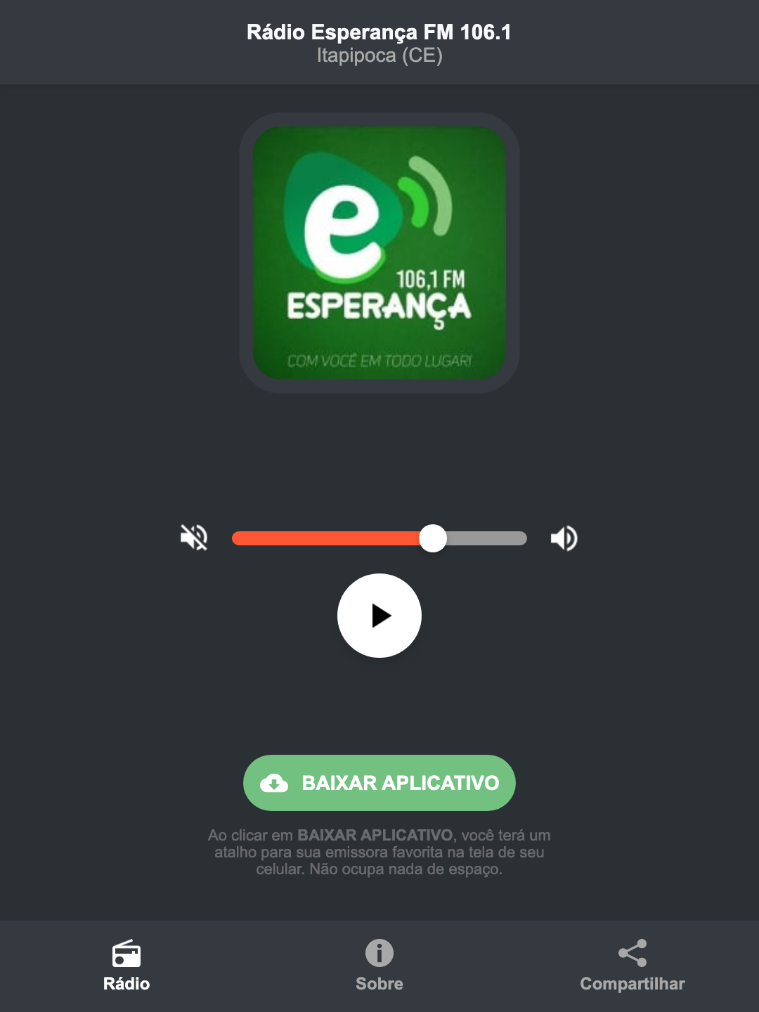 Screenshot do aplicativo da Rádio Esperança FM 106.1