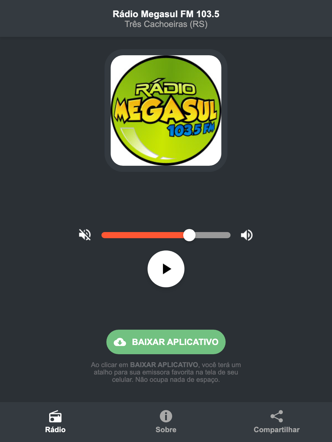 Screenshot do aplicativo da Rádio Megasul FM 103.5