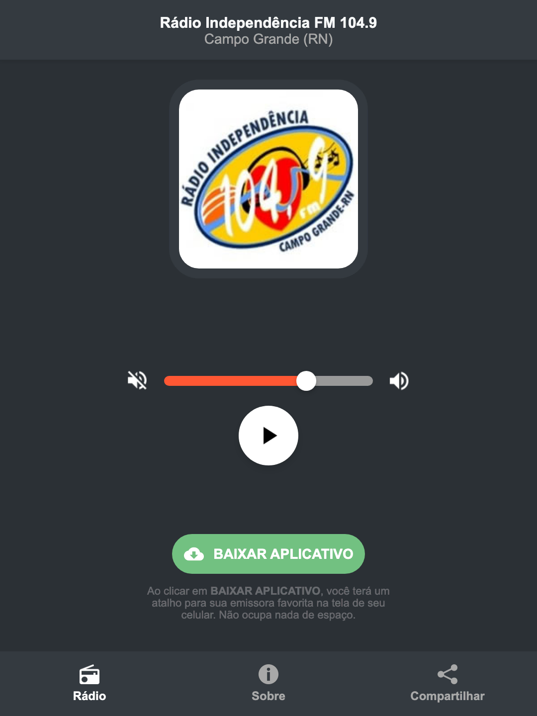 Screenshot do aplicativo da Rádio Independência FM 104.9