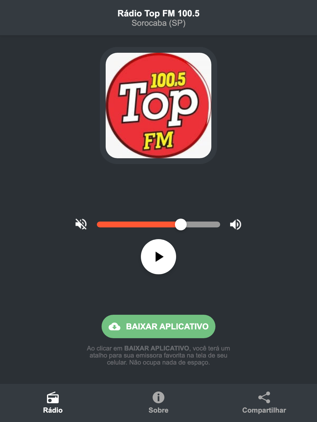 Screenshot do aplicativo da Rádio Top FM 100.5