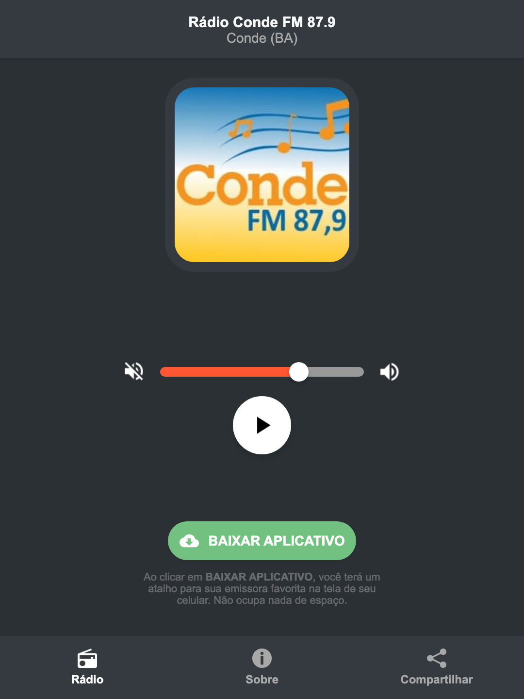 Screenshot do aplicativo da Rádio Conde FM 87.9