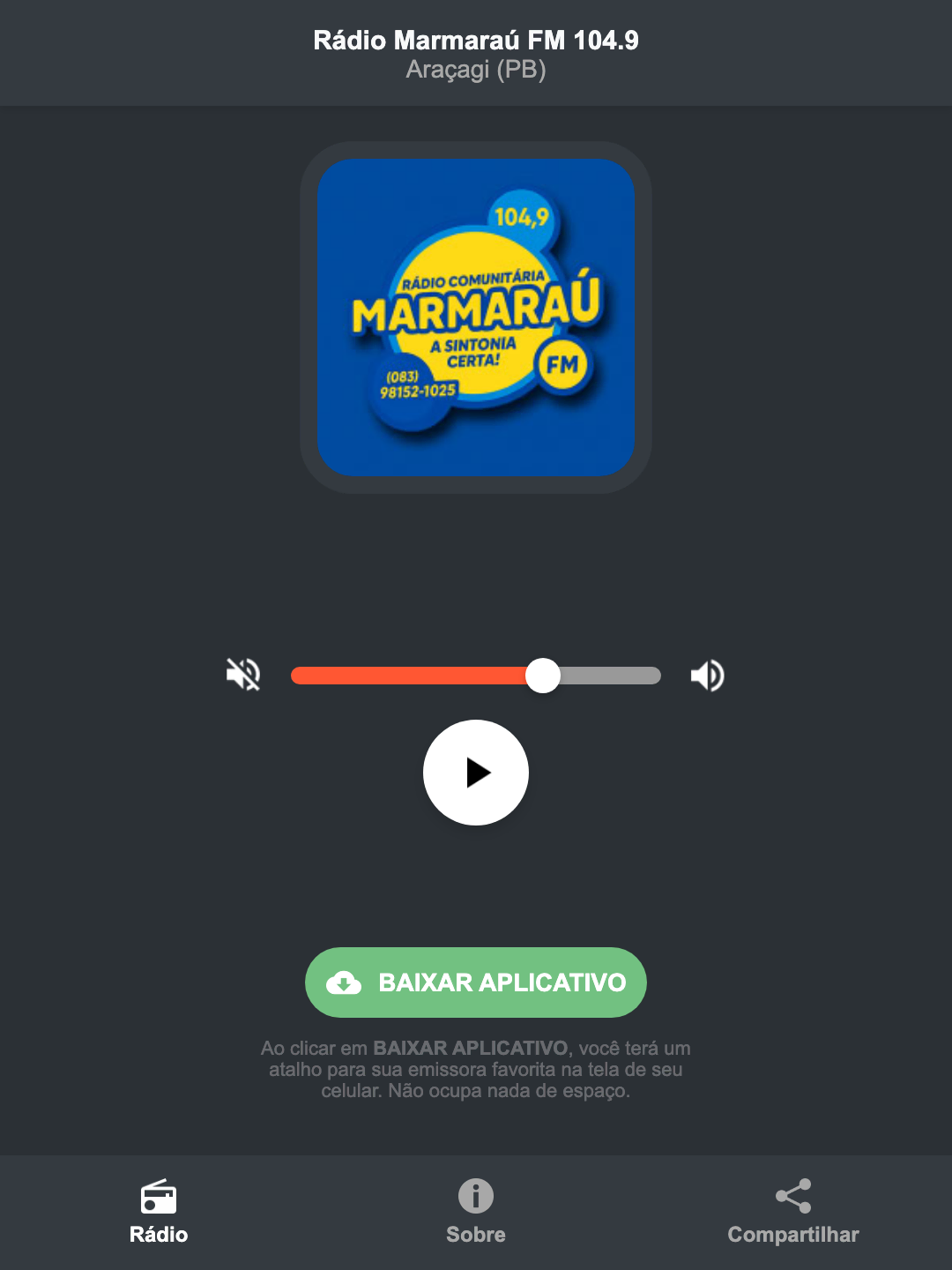 Screenshot do aplicativo da Rádio Marmaraú FM 104.9