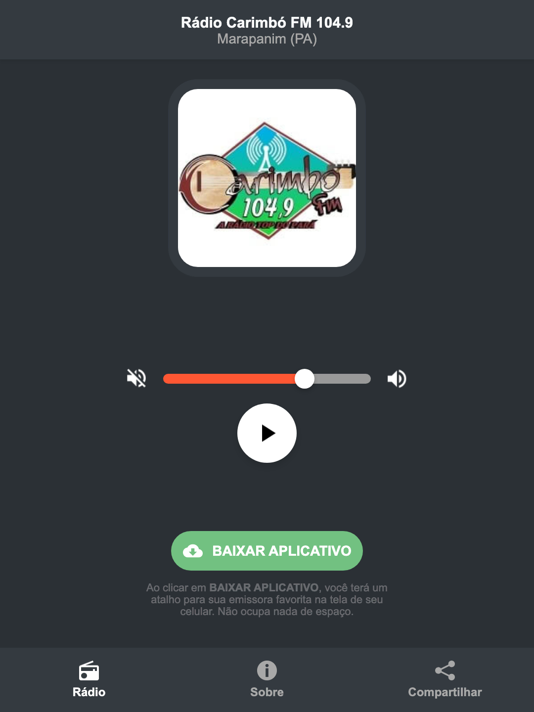 Screenshot do aplicativo da Rádio Carimbó FM 104.9
