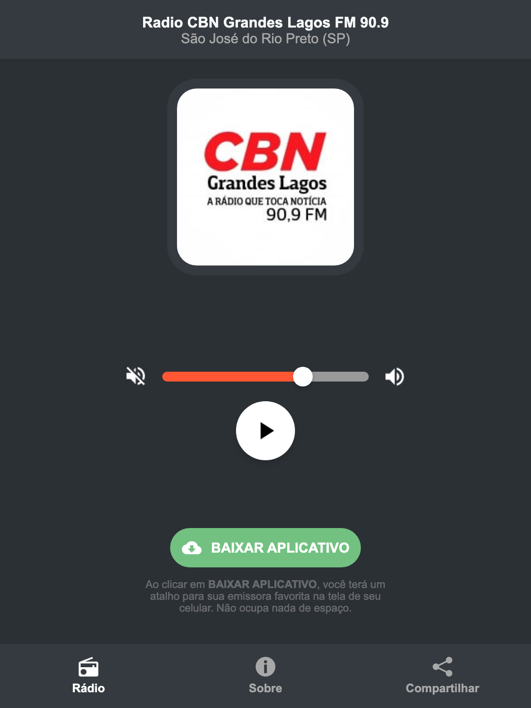 Screenshot do aplicativo da Radio CBN Grandes Lagos FM 90.9