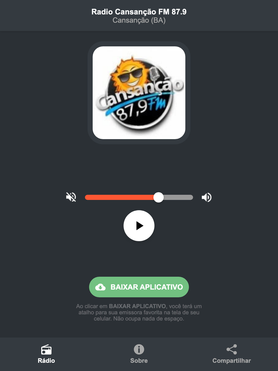 Screenshot do aplicativo da Radio Cansanção FM 87.9