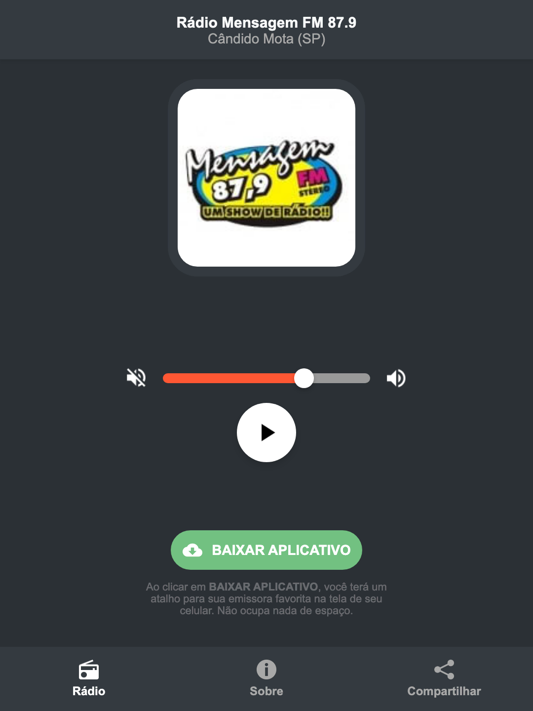 Screenshot do aplicativo da Rádio Mensagem FM 87.9
