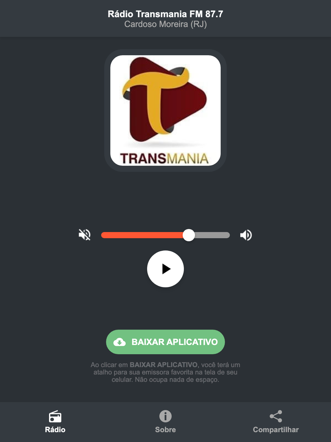 Screenshot do aplicativo da Rádio Transmania FM 87.7