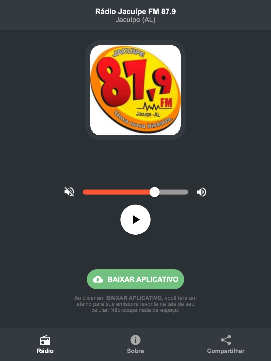 Screenshot do aplicativo da Rádio Jacuípe FM 87.9