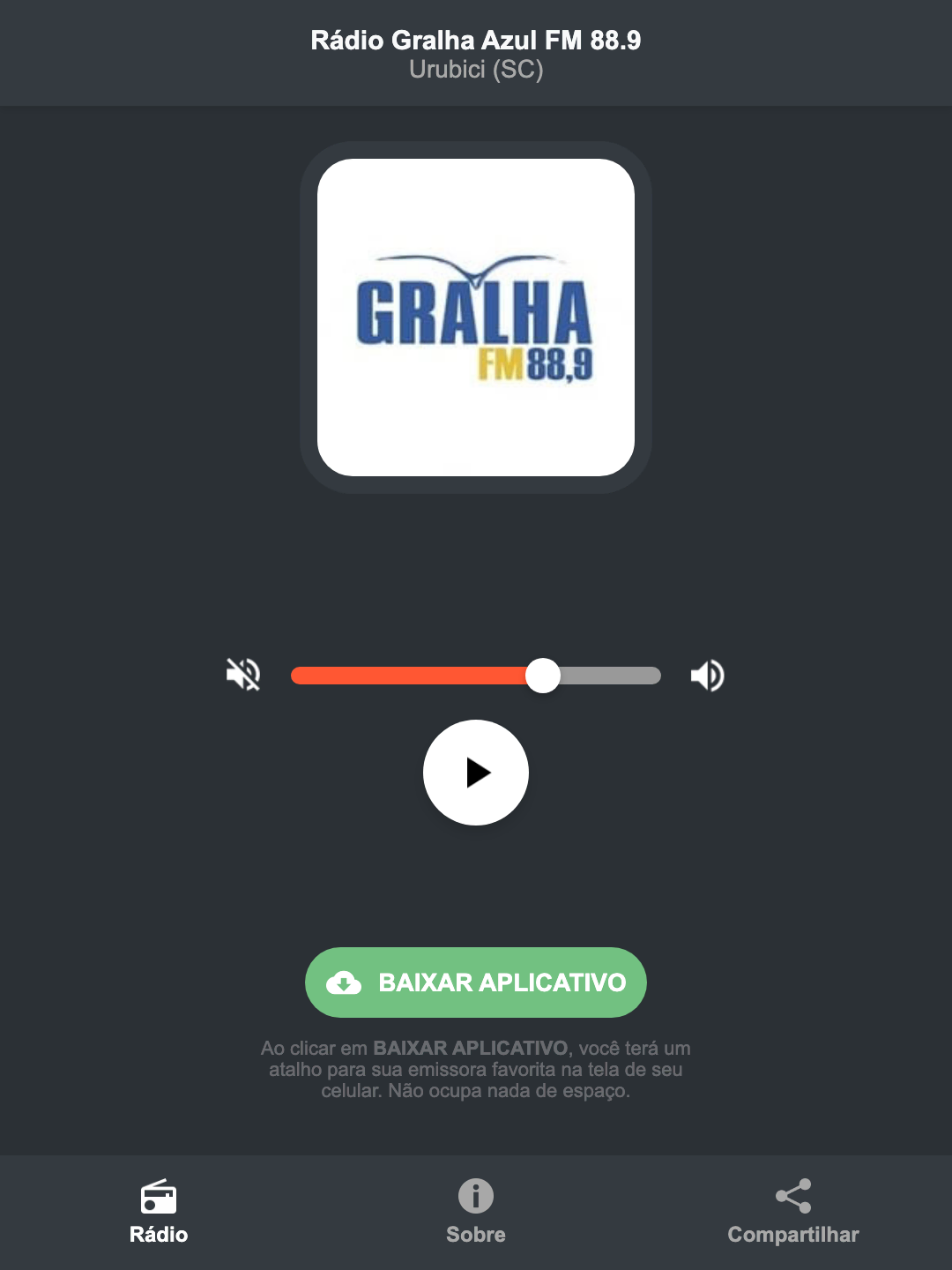 Screenshot do aplicativo da Rádio Gralha Azul FM 88.9