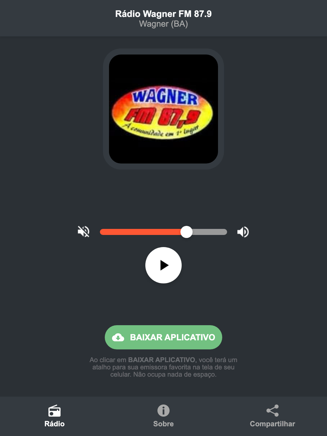 Screenshot do aplicativo da Rádio Wagner FM 87.9