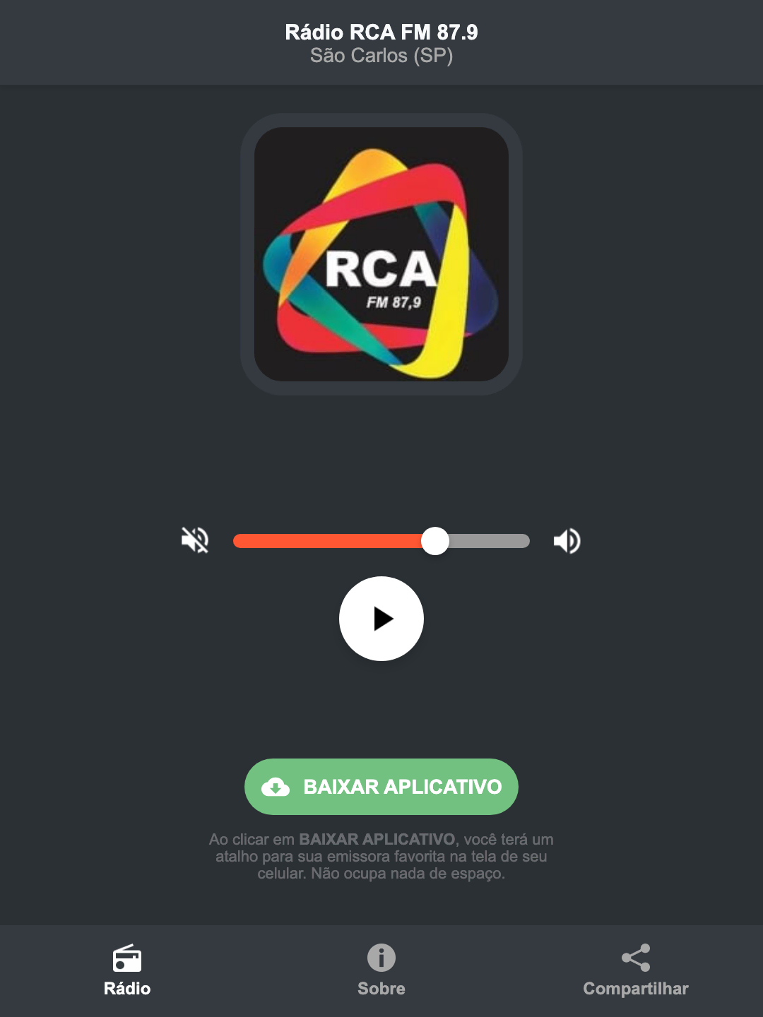 Screenshot do aplicativo da Rádio RCA FM 87.9