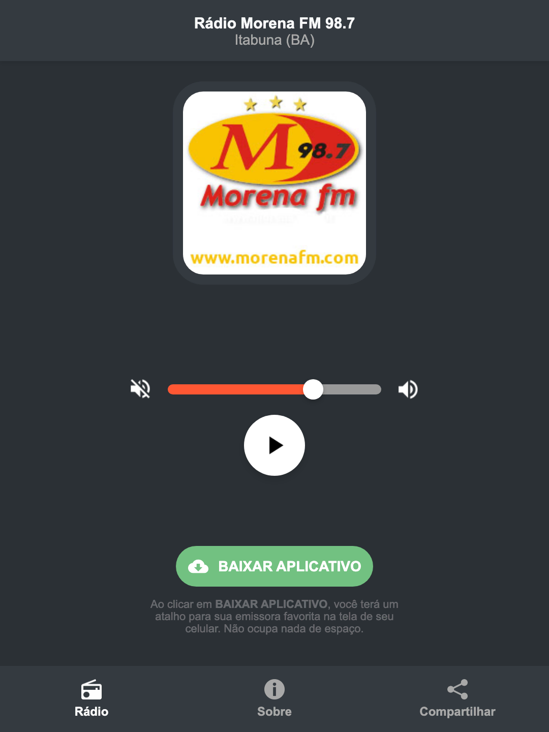 Screenshot do aplicativo da Rádio Morena FM 98.7