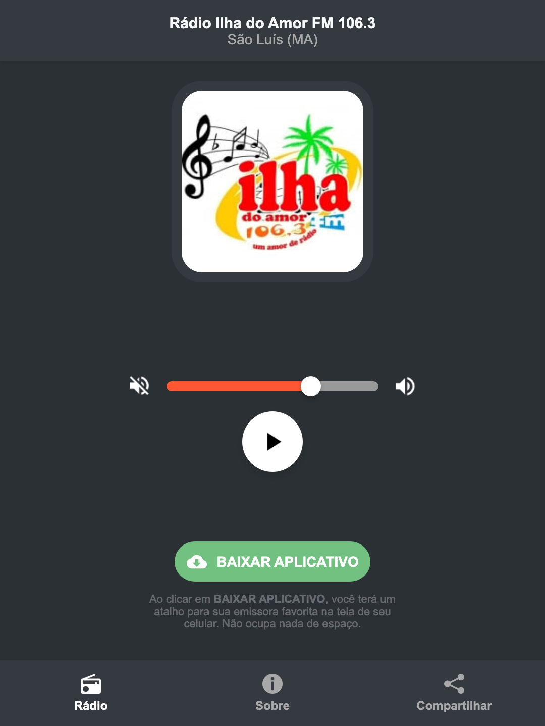 Screenshot do aplicativo da Rádio Ilha do Amor FM 106.3