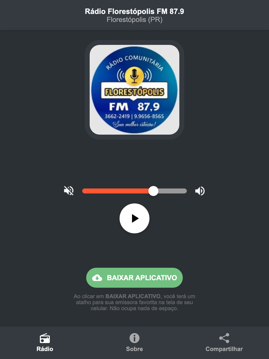 Screenshot do aplicativo da Rádio Florestópolis FM 87.9