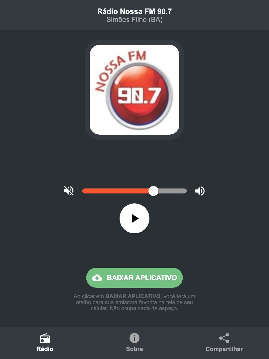 Screenshot do aplicativo da Rádio Nossa FM 90.7