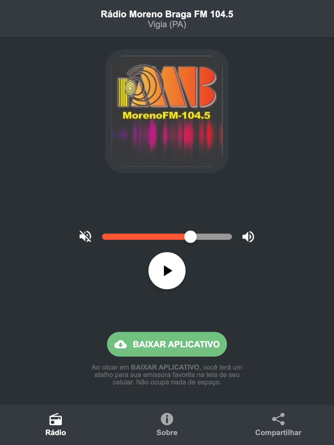 Screenshot do aplicativo da Rádio Moreno Braga FM 104.5