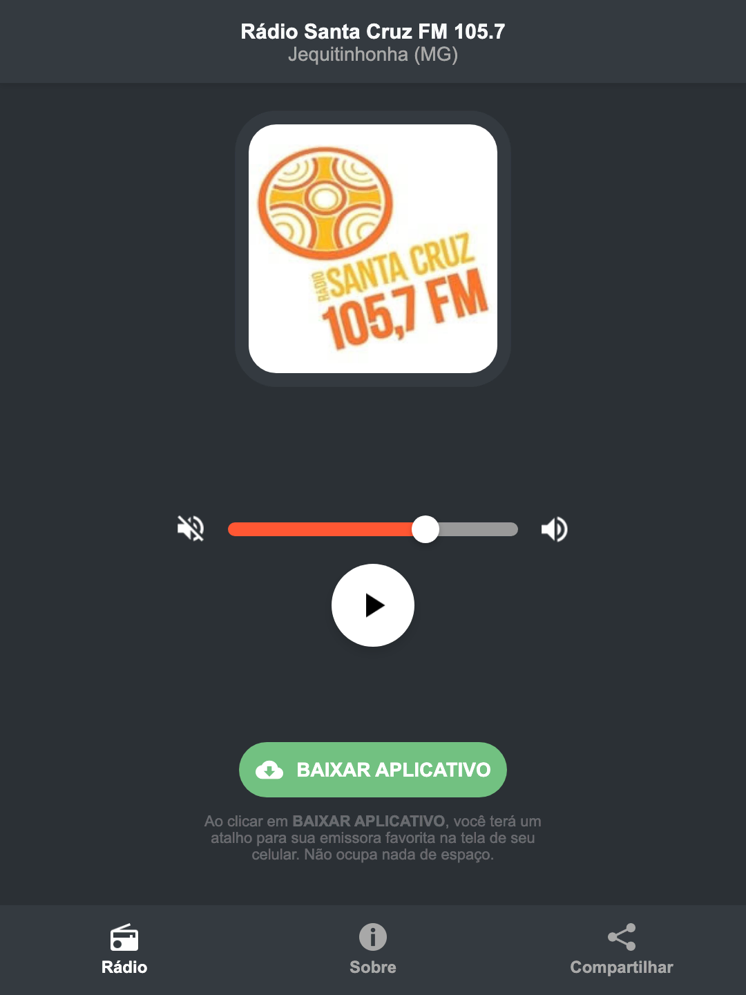 Screenshot do aplicativo da Rádio Santa Cruz FM 105.7