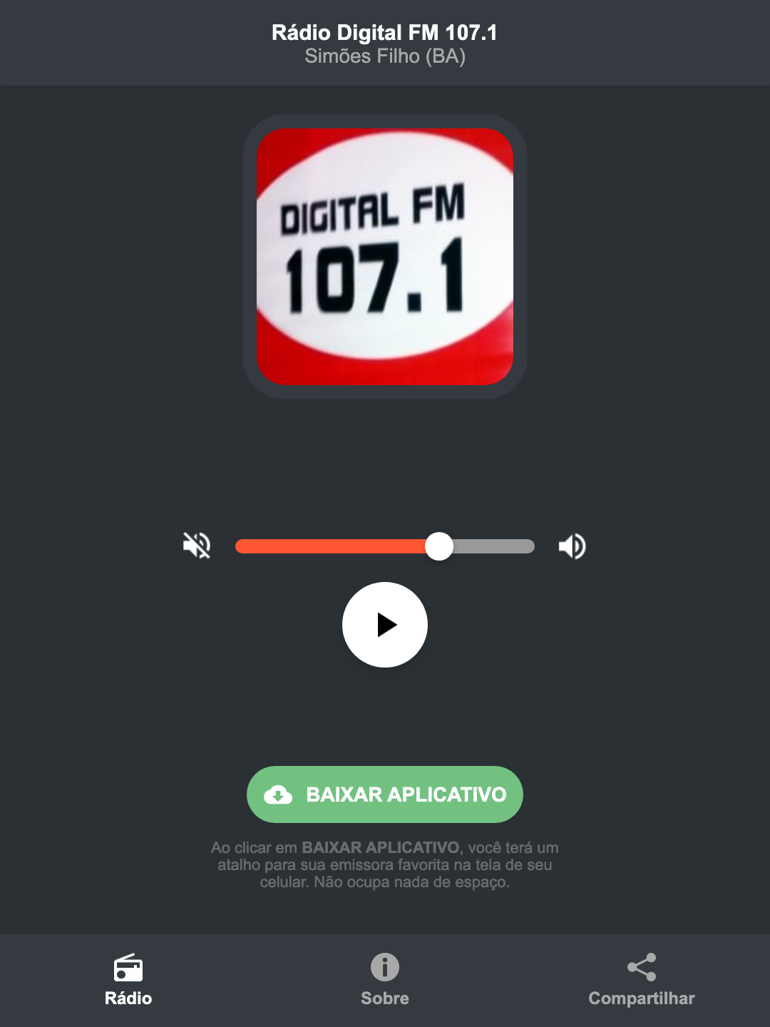 Screenshot do aplicativo da Rádio Digital FM 107.1