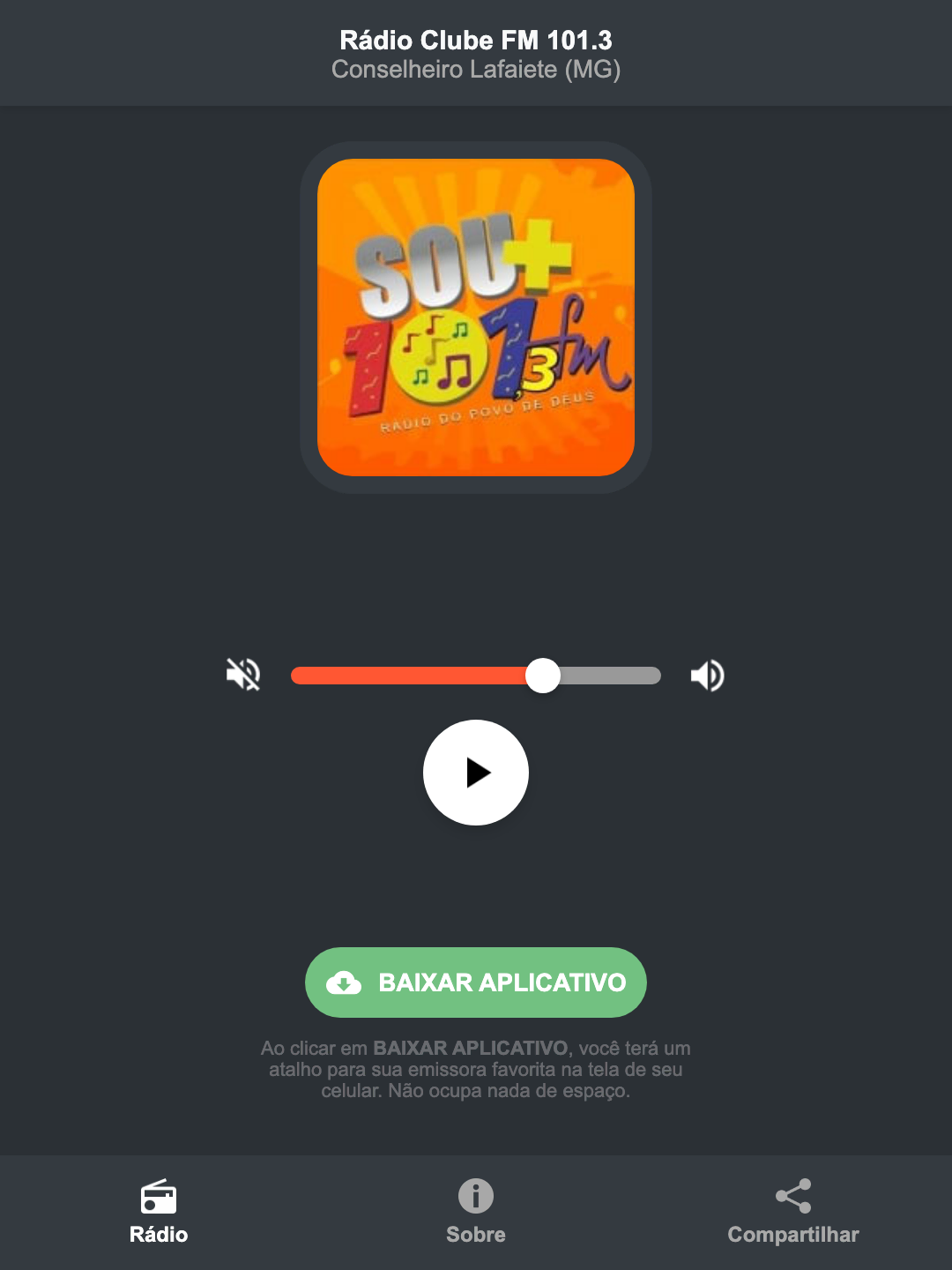 Screenshot do aplicativo da Rádio Clube FM 101.3