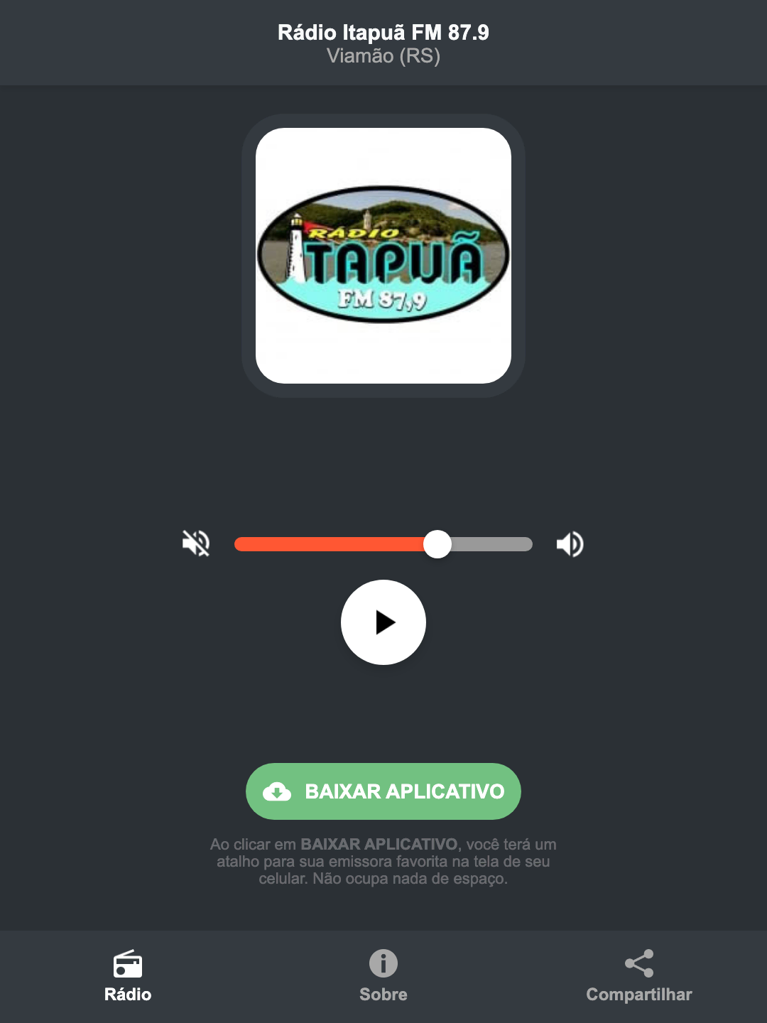 Screenshot do aplicativo da Rádio Itapuã FM 87.9