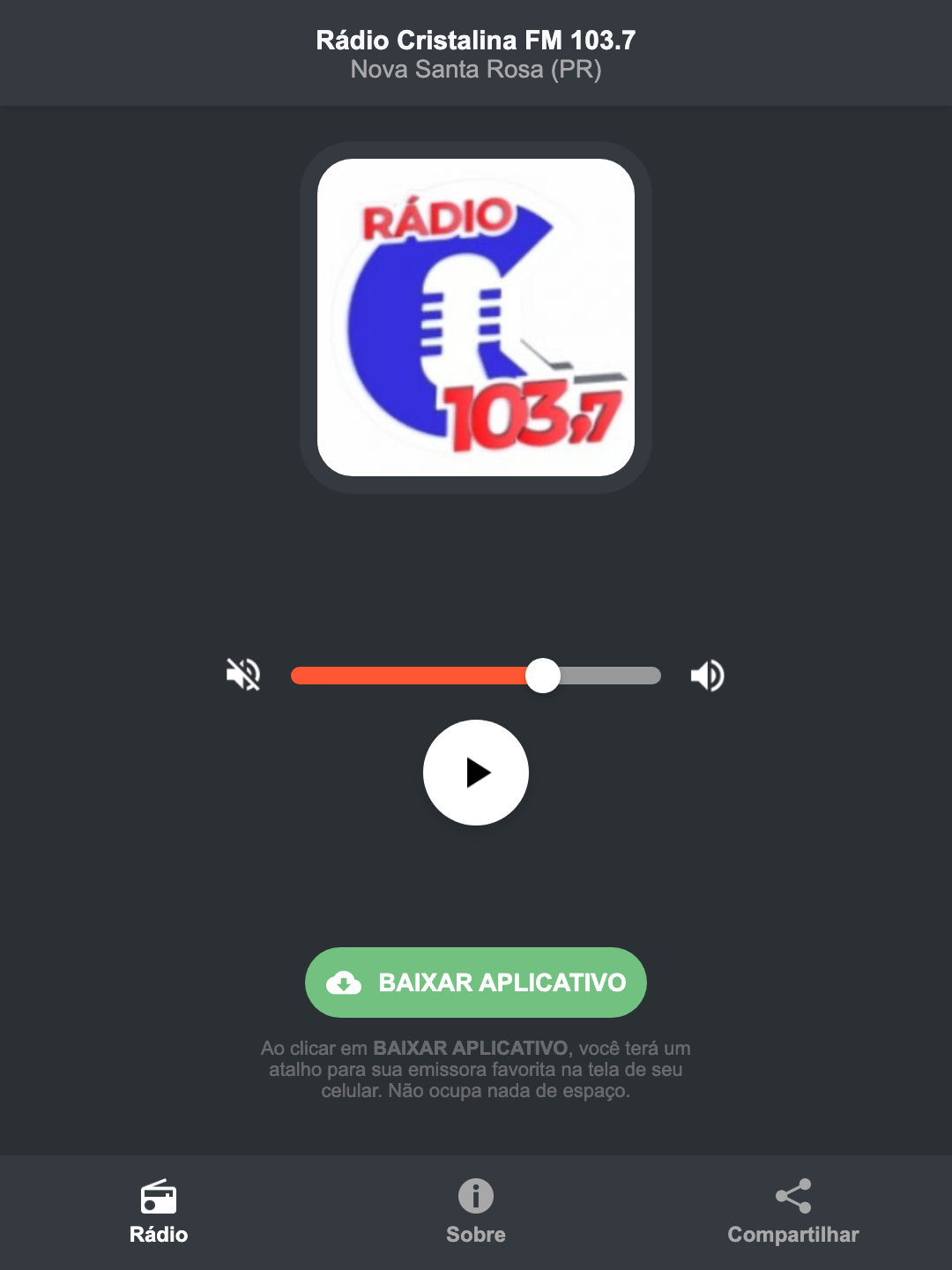 Screenshot do aplicativo da Rádio Cristalina FM 103.7