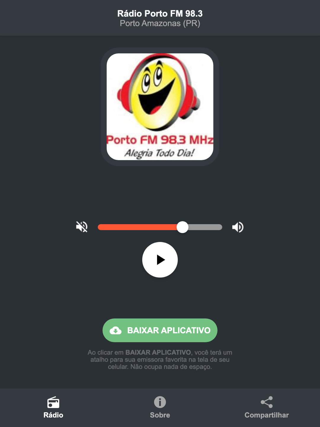 Screenshot do aplicativo da Rádio Porto FM 98.3