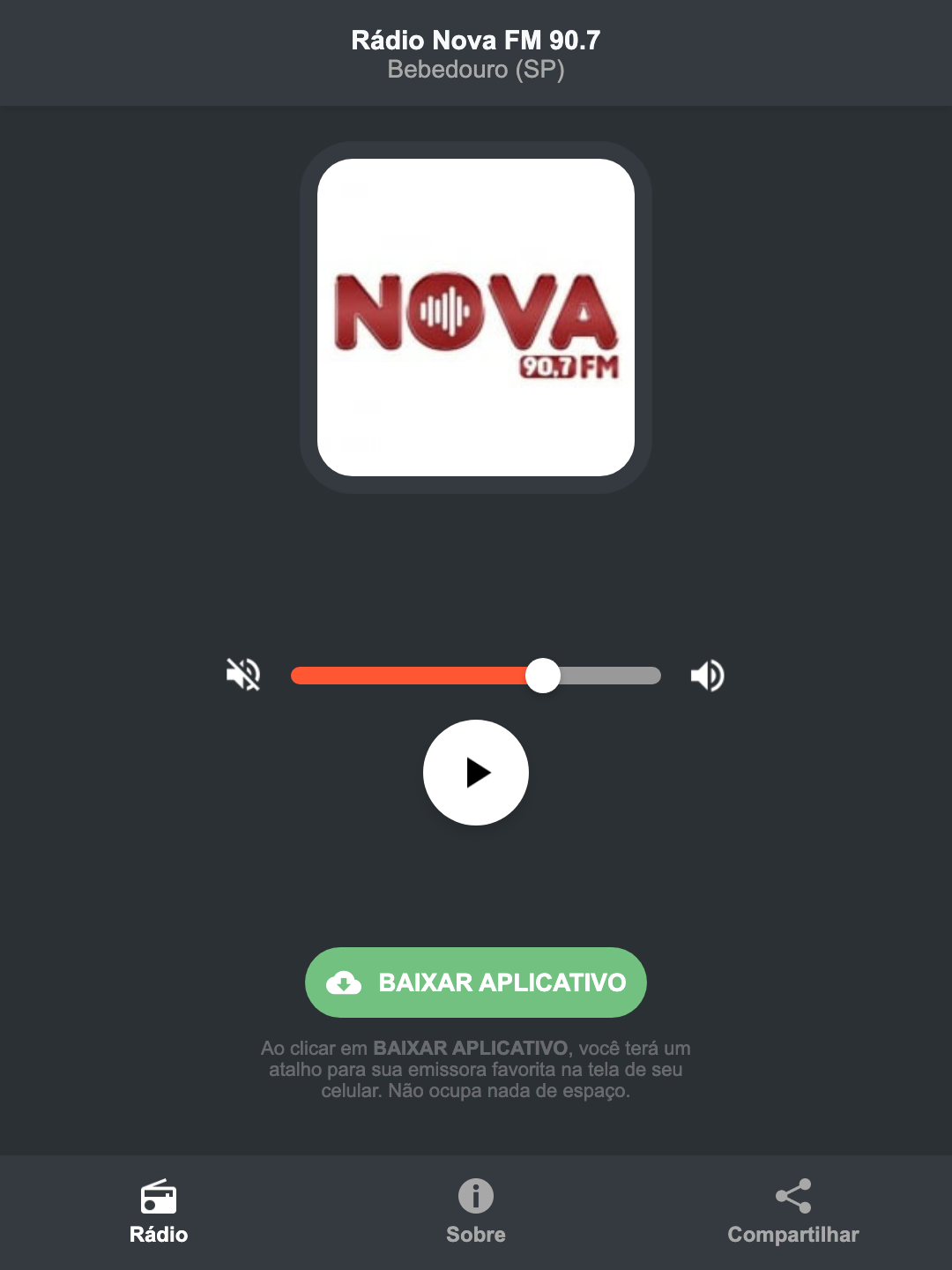 Screenshot do aplicativo da Rádio Nova FM 90.7