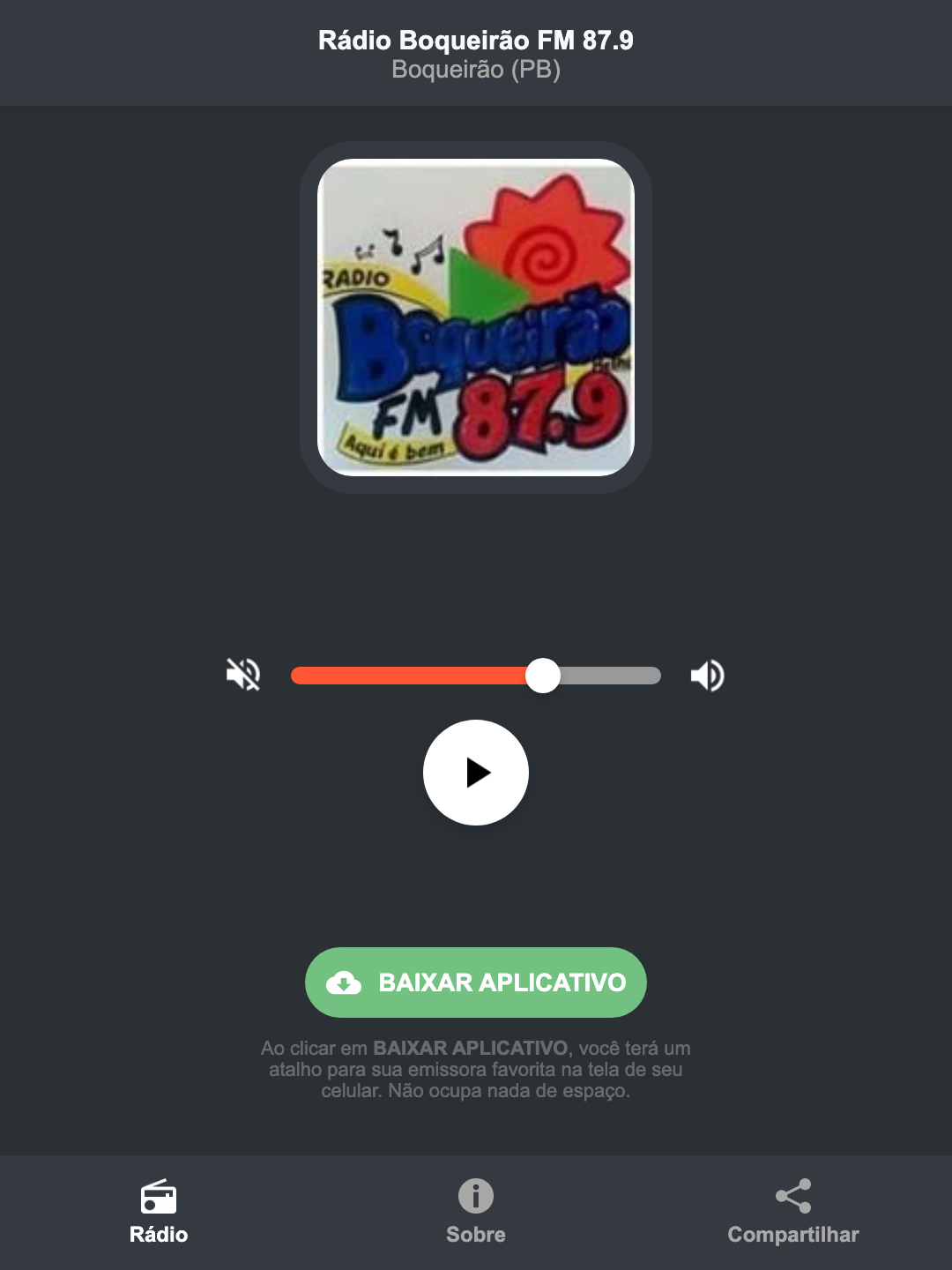 Screenshot do aplicativo da Rádio Boqueirão FM 87.9