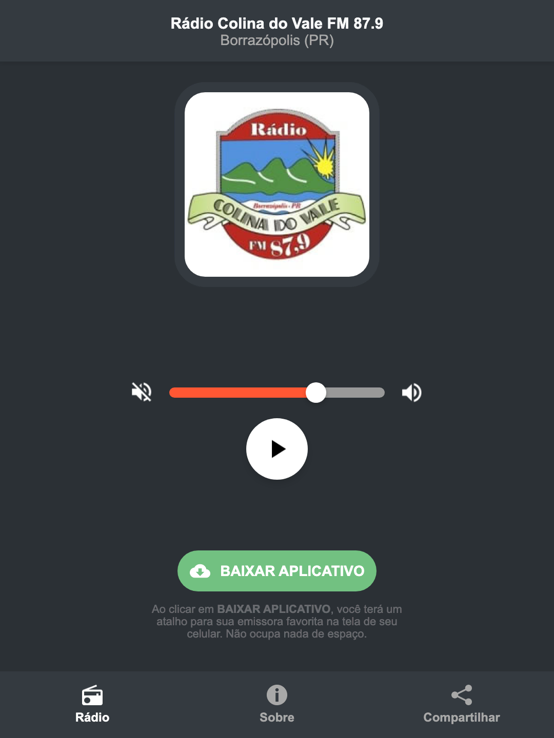 Screenshot do aplicativo da Rádio Colina do Vale FM 87.9