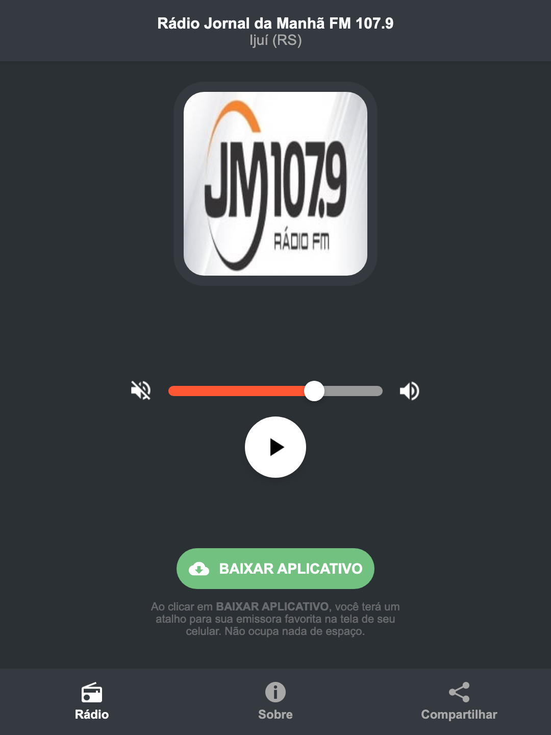 Screenshot do aplicativo da Rádio Jornal da Manhã FM 107.9