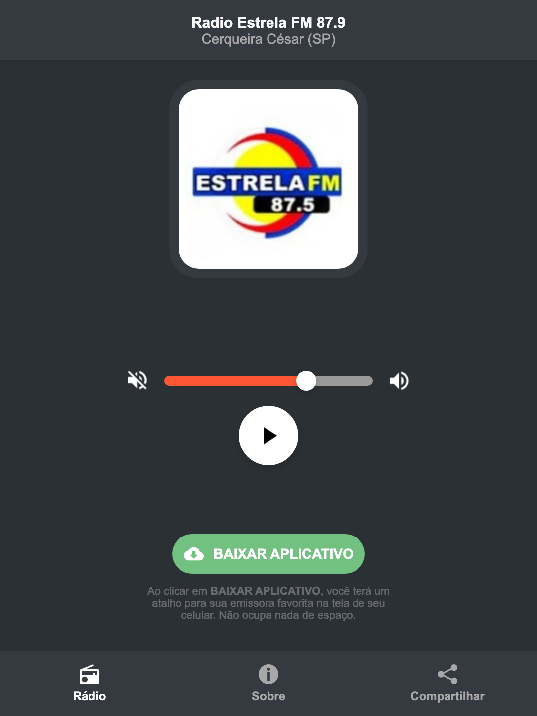 Screenshot do aplicativo da Radio Estrela FM 87.9